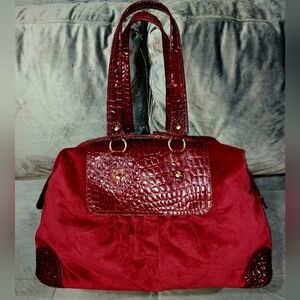 EUC RED CRUSHED VELVET CROCODILE LEATHER LARGE WEEKENDER TOTE / TRAVEL BAG 24x16